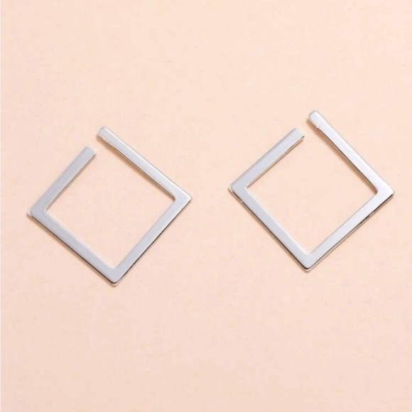Silver Square Geometric Hoop Earrings - Picture 2 of 3